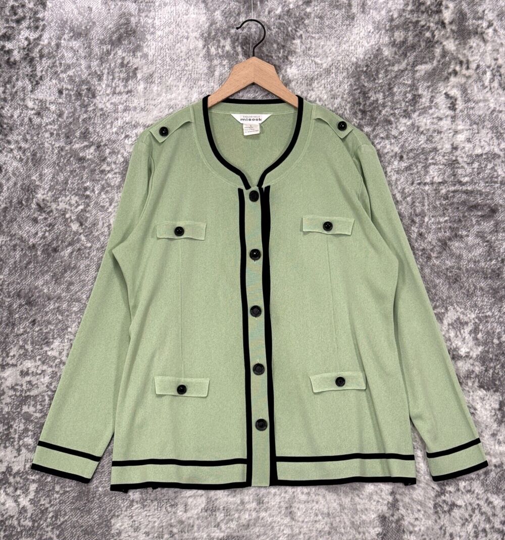 Misook Jacket Large Womens Green Classic Knit Button Front